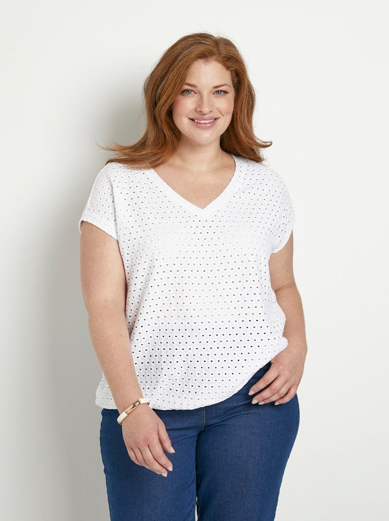 T-shirt ample blousant court uni col V Blanc - Kiabi