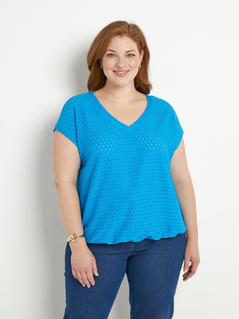 T-shirt ample blousant court uni col V Bleu turquoise - Kiabi