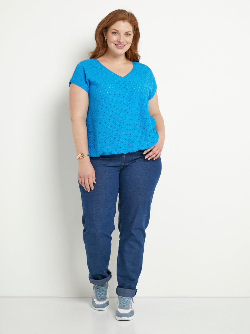T-shirt ample blousant court uni col V Bleu turquoise - Kiabi