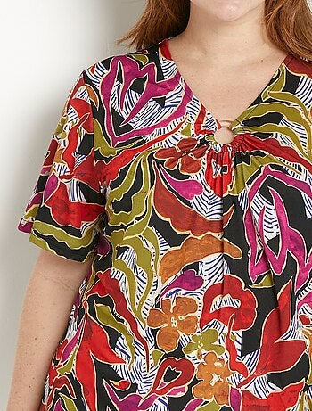 T-shirt ample court col V imprimé