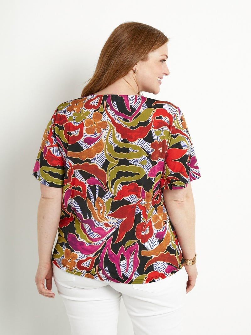 T-shirt ample court col V imprimé Noir Violet clair - Kiabi