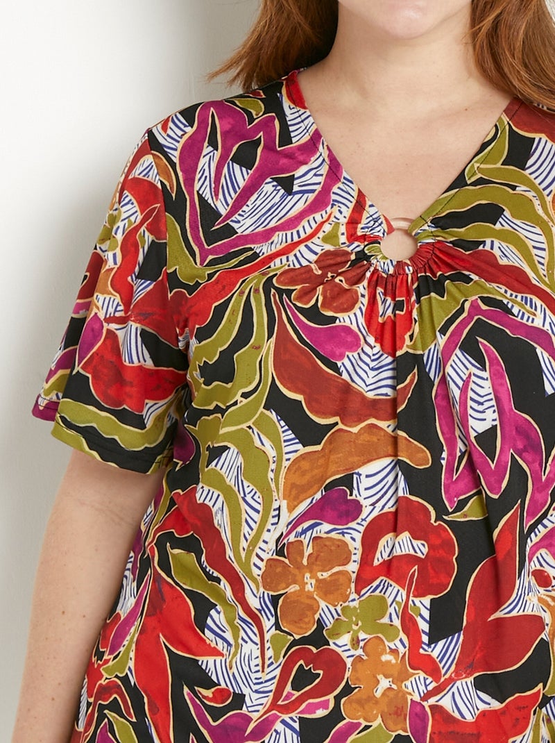 T-shirt ample court col V imprimé Noir Violet clair - Kiabi