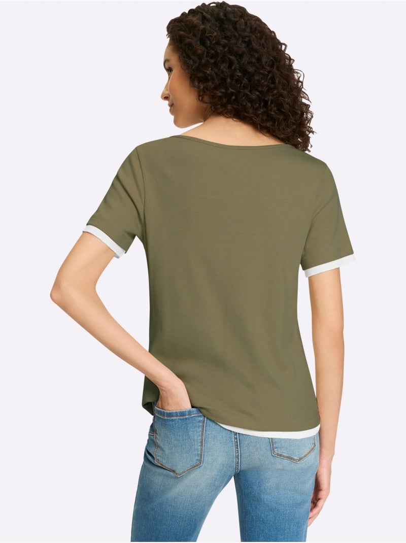 T-shirt Aspect Côtelé Mode - Taille Standard - Helline Kaki - Kiabi