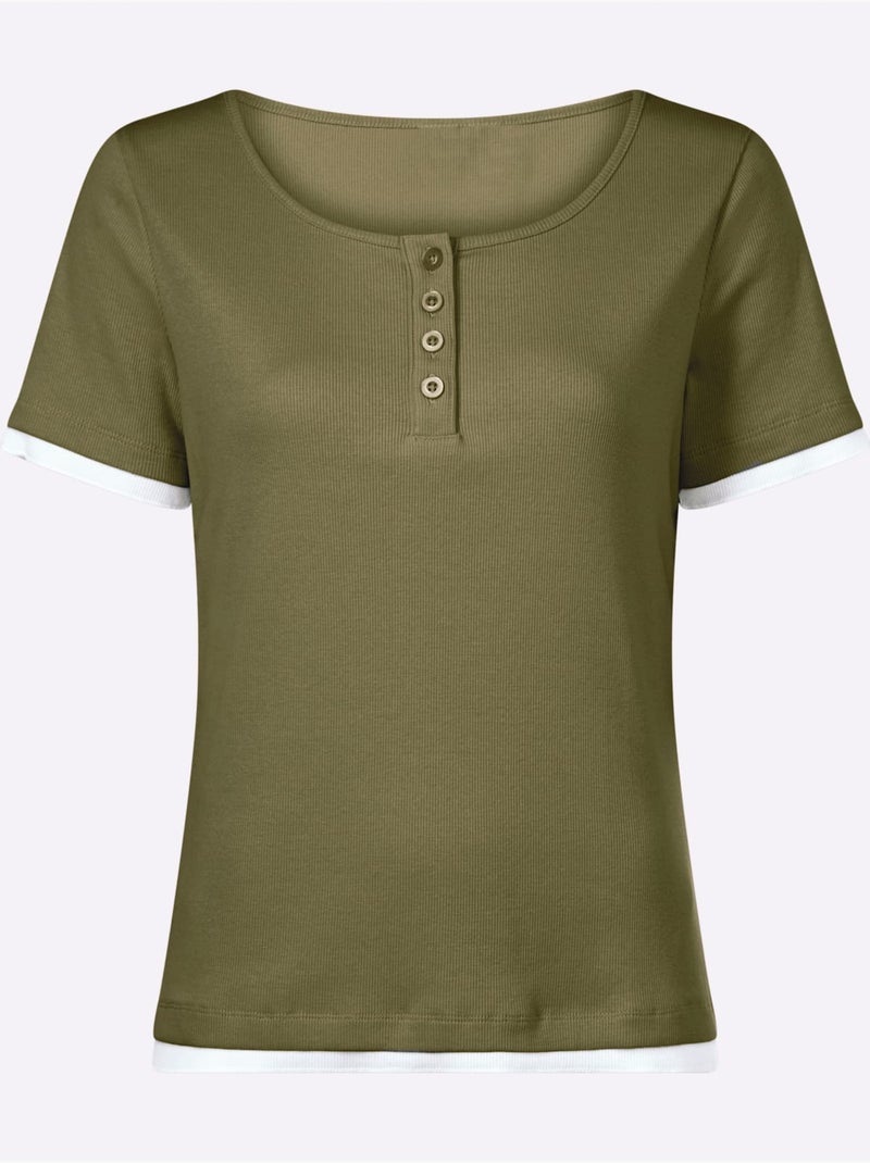T-shirt Aspect Côtelé Mode - Taille Standard - Helline Kaki - Kiabi