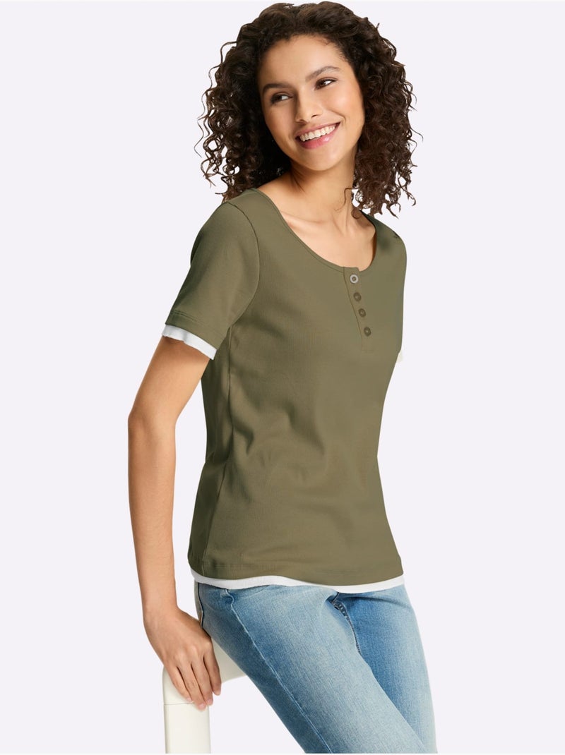 T-shirt Aspect Côtelé Mode - Taille Standard - Helline Kaki - Kiabi