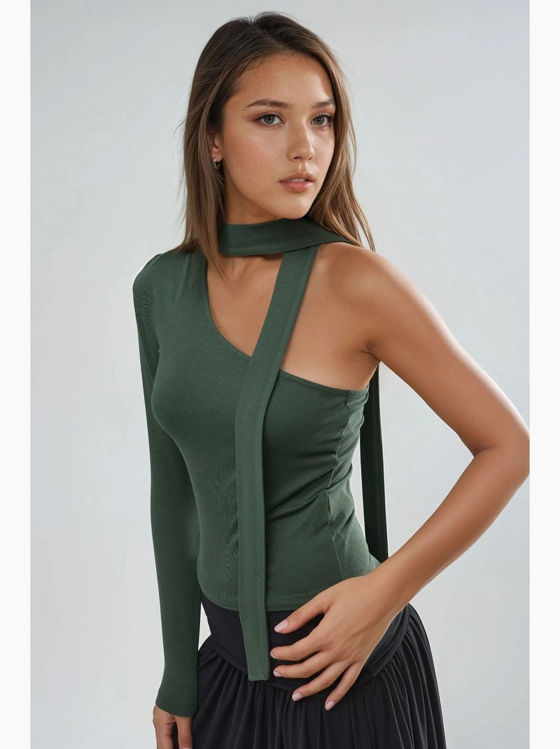 T-shirt asymétrique une manche détail foulard busem Kaki - Kiabi