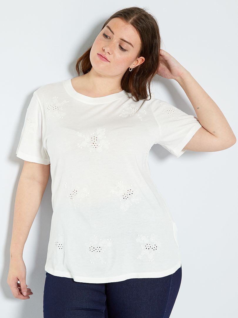 T-shirt avec broderie anglaise blanc - Kiabi