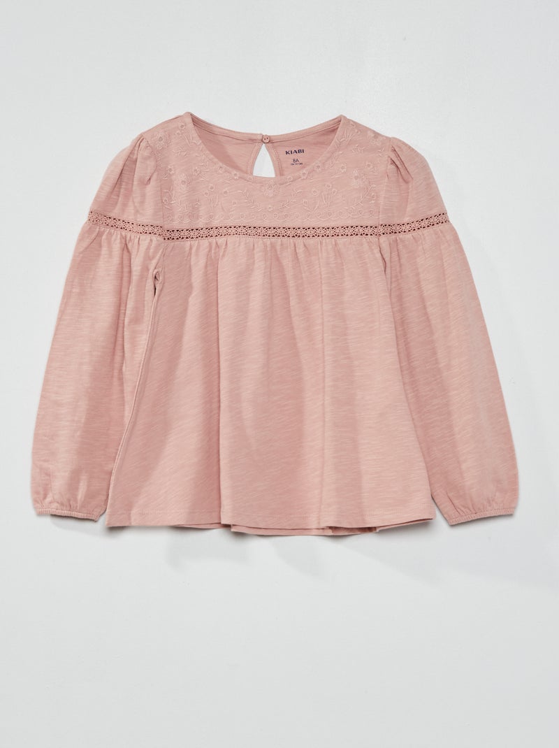 T-shirt avec broderie et dentelle fantaisie Rose - Kiabi