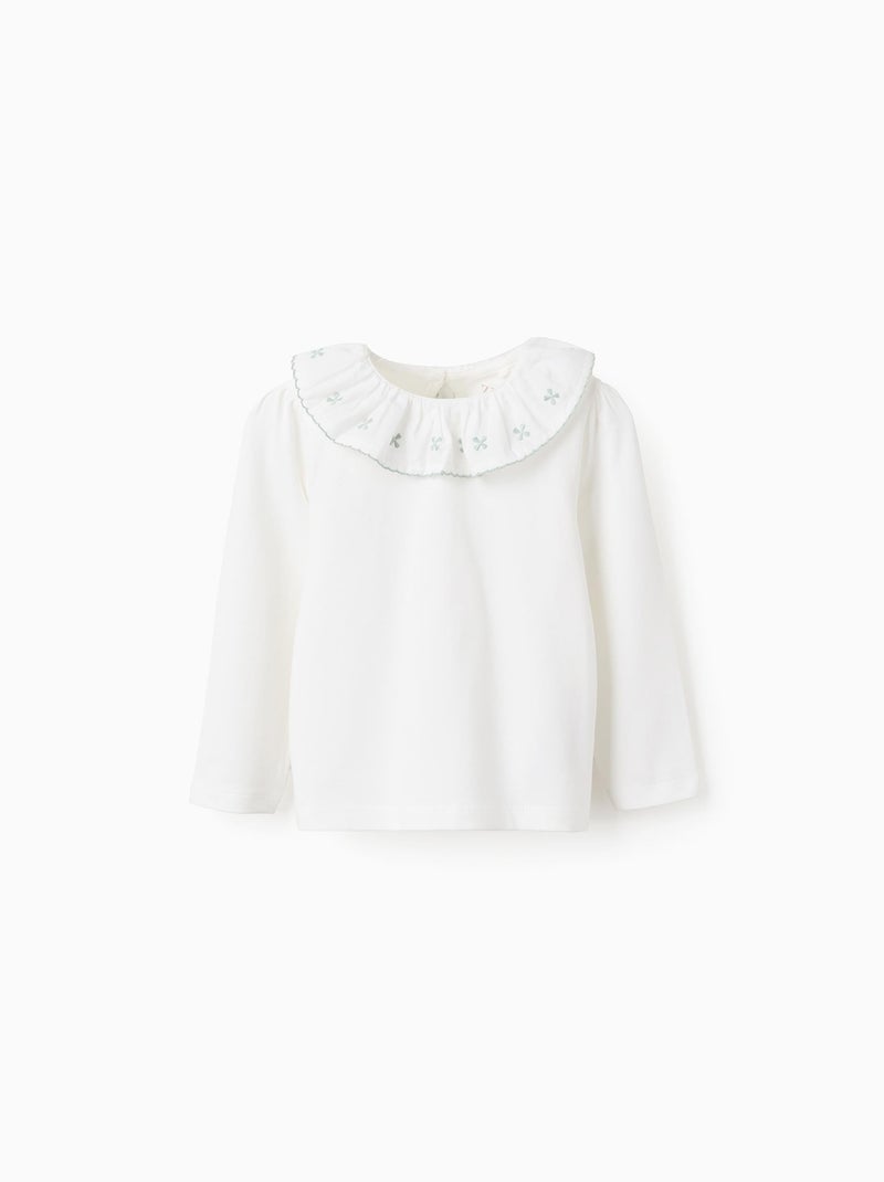 T-Shirt avec Col à Volants en Broderie Anglaise Blanc - Kiabi