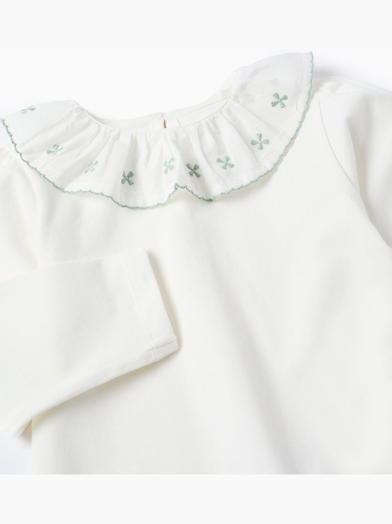 T-Shirt avec Col à Volants en Broderie Anglaise Blanc - Kiabi