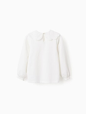 T-Shirt avec Col à Volants en Broderie Anglaise