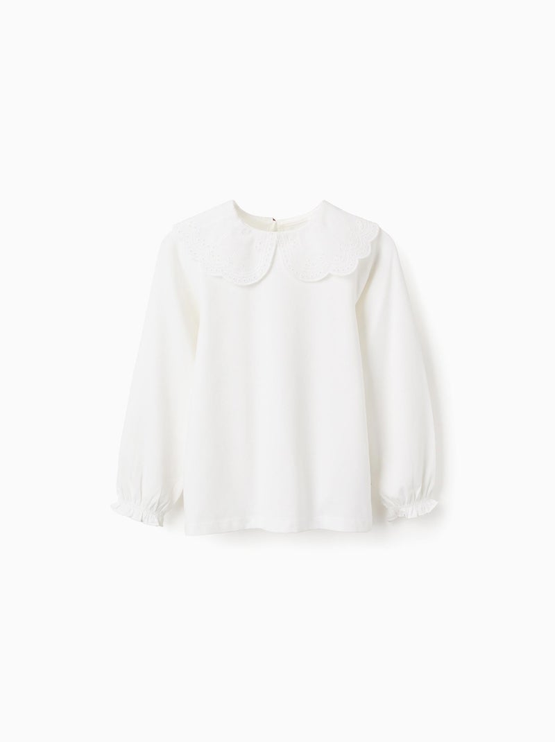 T-Shirt avec Col à Volants en Broderie Anglaise Blanc - Kiabi