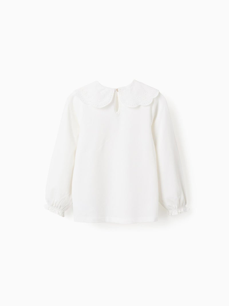T-Shirt avec Col à Volants en Broderie Anglaise Blanc - Kiabi
