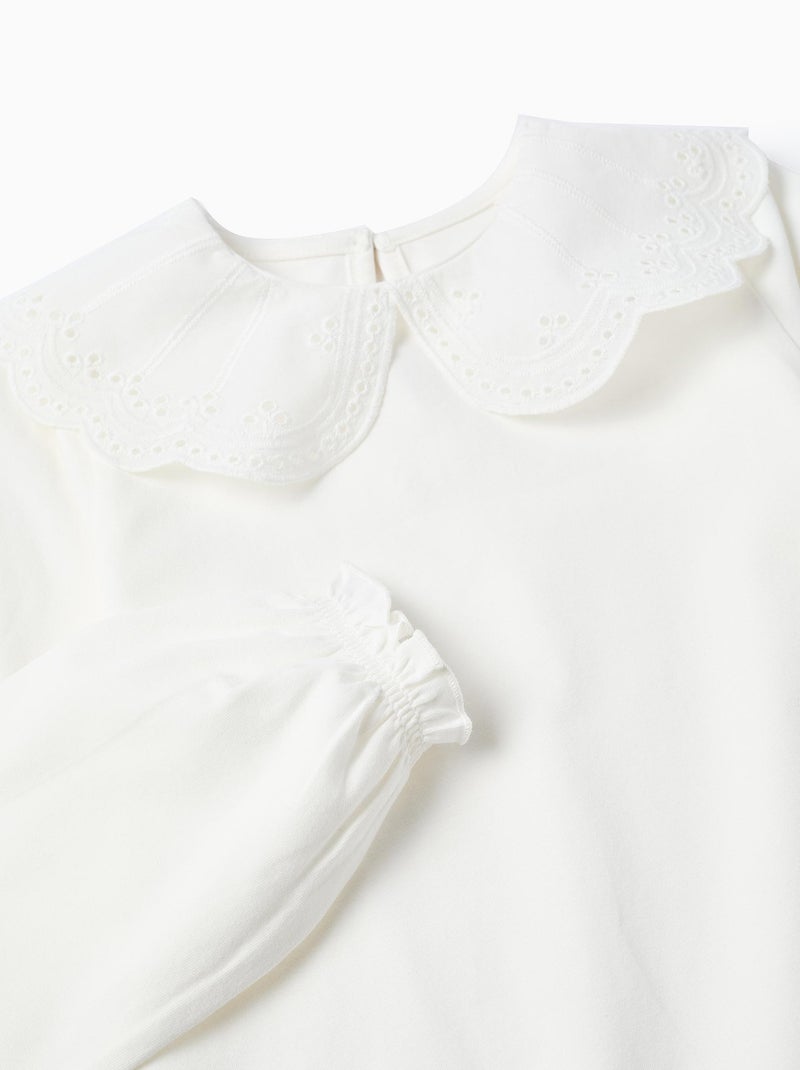 T-Shirt avec Col à Volants en Broderie Anglaise Blanc - Kiabi