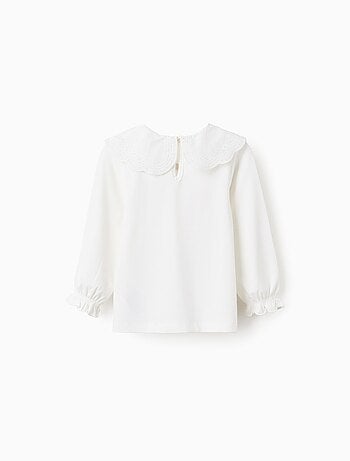 T-Shirt avec Col à Volants en Broderie Anglaise