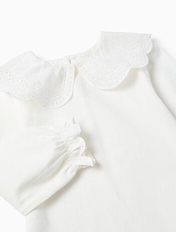 T-Shirt avec Col à Volants en Broderie Anglaise