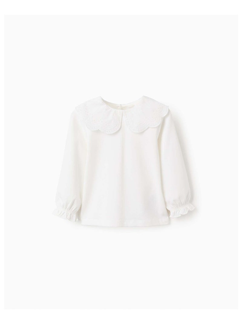 T-Shirt avec Col à Volants en Broderie Anglaise Blanc - Kiabi