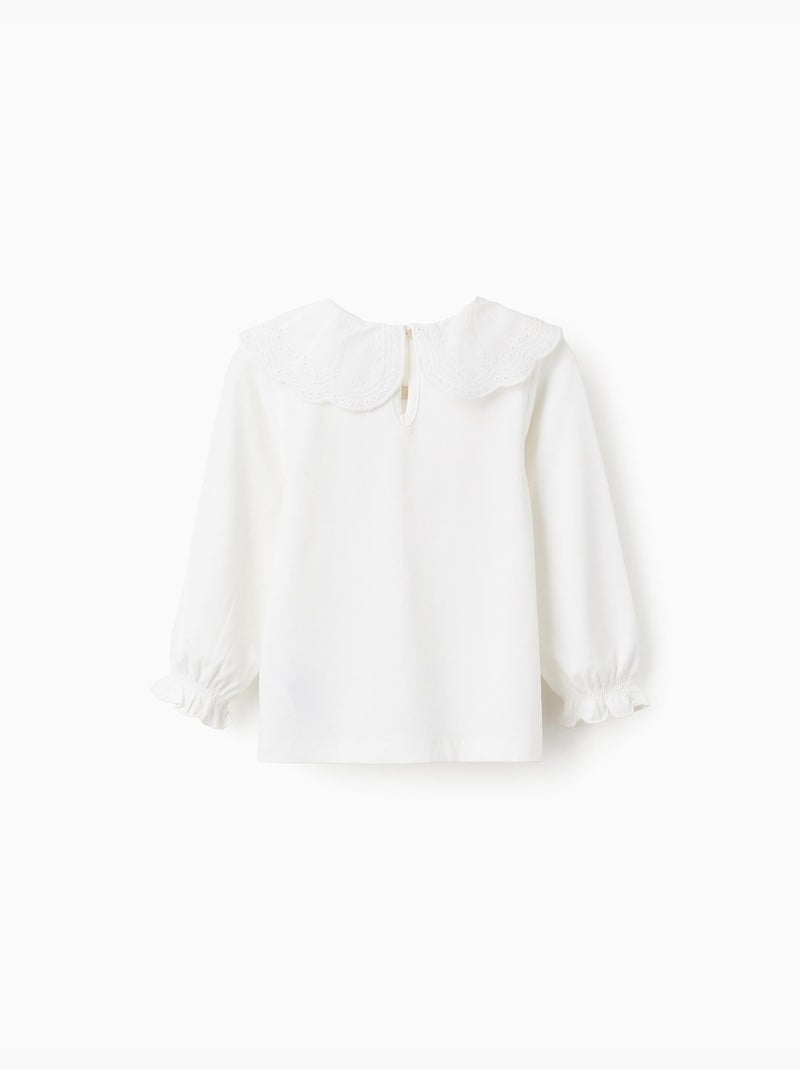 T-Shirt avec Col à Volants en Broderie Anglaise Blanc - Kiabi