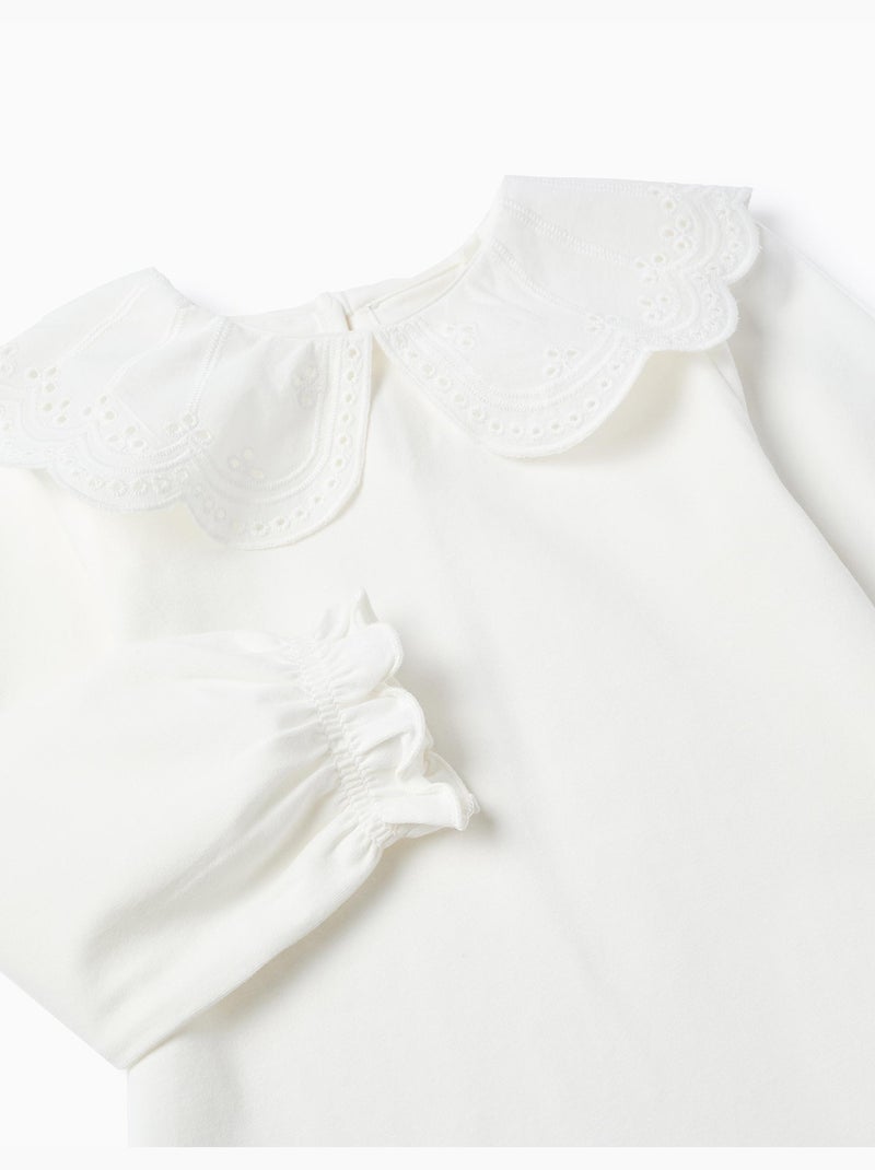 T-Shirt avec Col à Volants en Broderie Anglaise Blanc - Kiabi