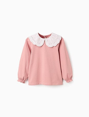 T-Shirt avec Col à Volants en Broderie Anglaise