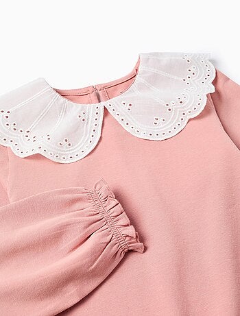 T-Shirt avec Col à Volants en Broderie Anglaise