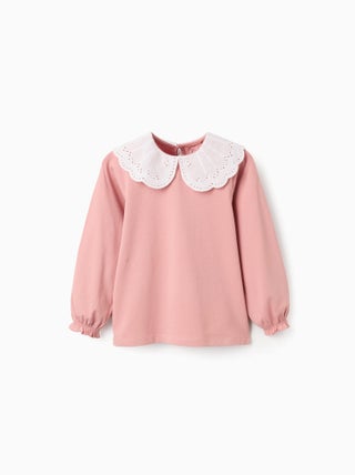 T-Shirt avec Col à Volants en Broderie Anglaise