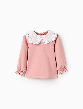 T-Shirt avec Col à Volants en Broderie Anglaise
