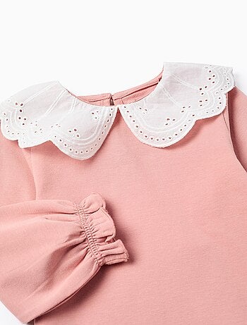 T-Shirt avec Col à Volants en Broderie Anglaise
