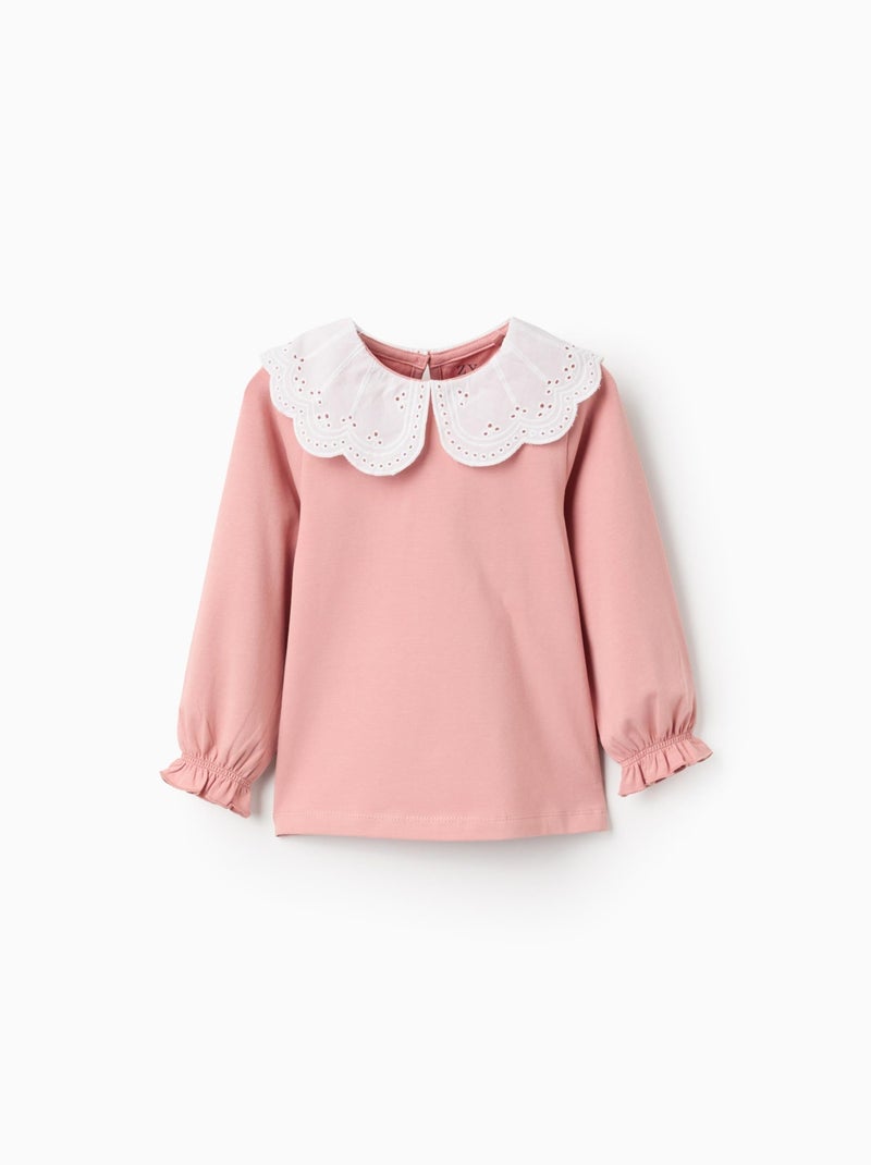 T-Shirt avec Col à Volants en Broderie Anglaise Rose - Kiabi