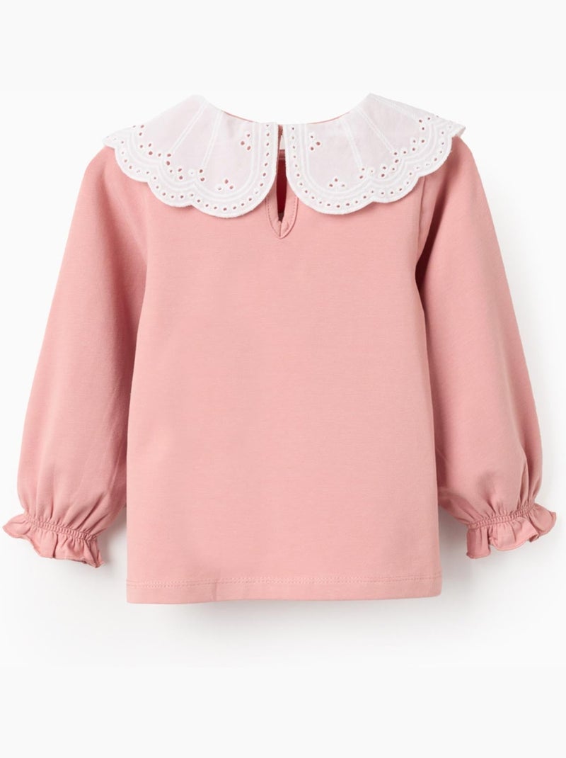 T-Shirt avec Col à Volants en Broderie Anglaise Rose - Kiabi