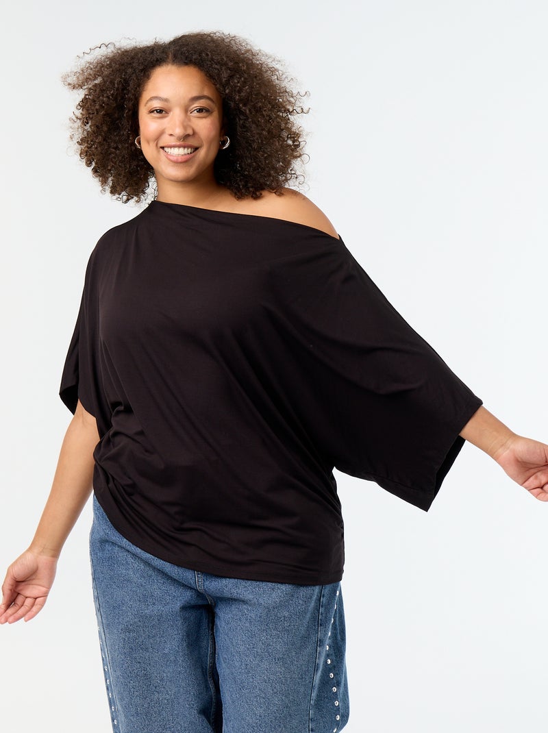 T-shirt avec col bénitier et manches courtes Noir - Kiabi