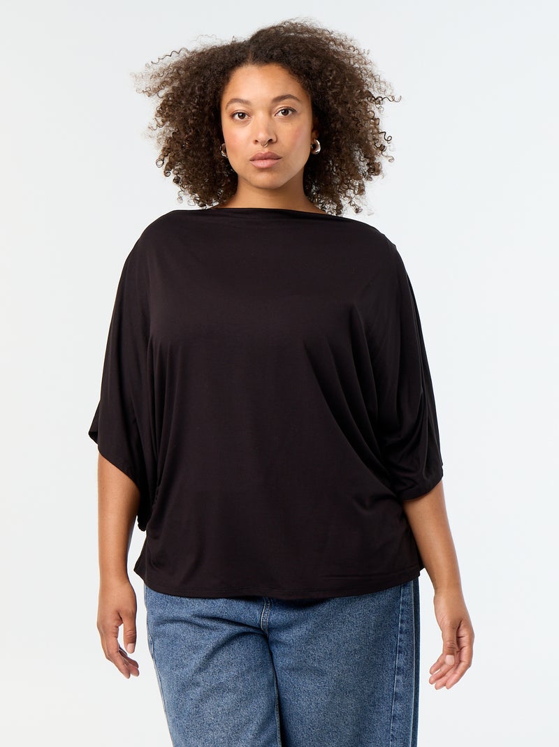 T-shirt avec col bénitier et manches courtes Noir - Kiabi