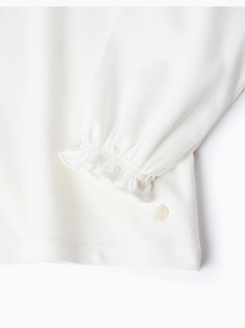 T-Shirt avec Col Claudine et Volants Blanc - Kiabi