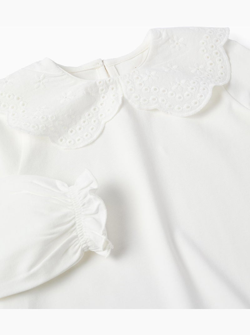 T-shirt avec Col en Broderie Anglaise Blanc - Kiabi