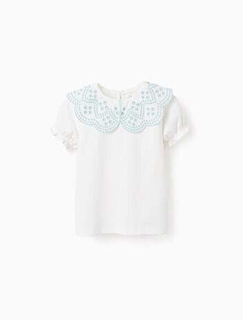 T-Shirt avec Col en Broderie Anglaise