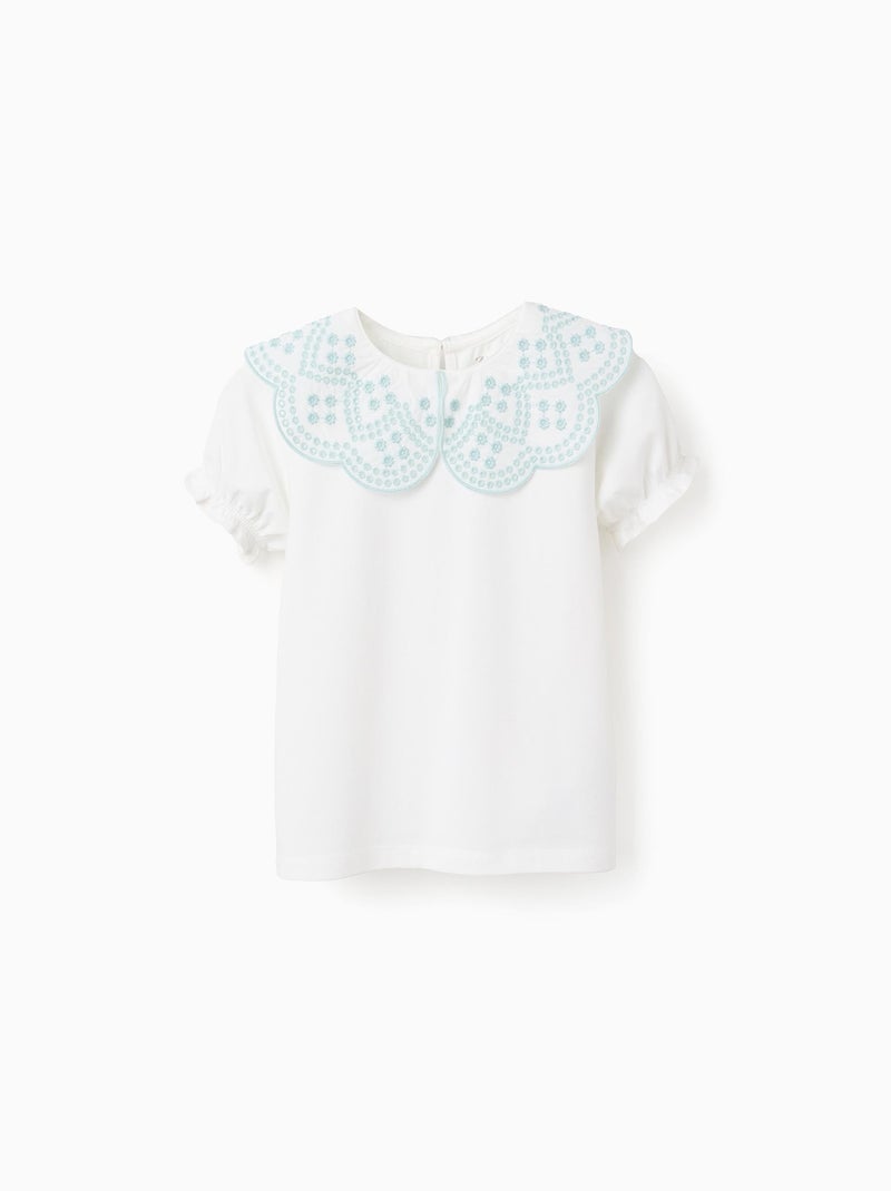T-Shirt avec Col en Broderie Anglaise Blanc - Kiabi