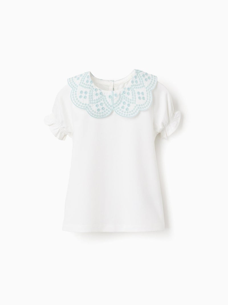 T-shirt avec Col en Broderie Anglaise Blanc - Kiabi