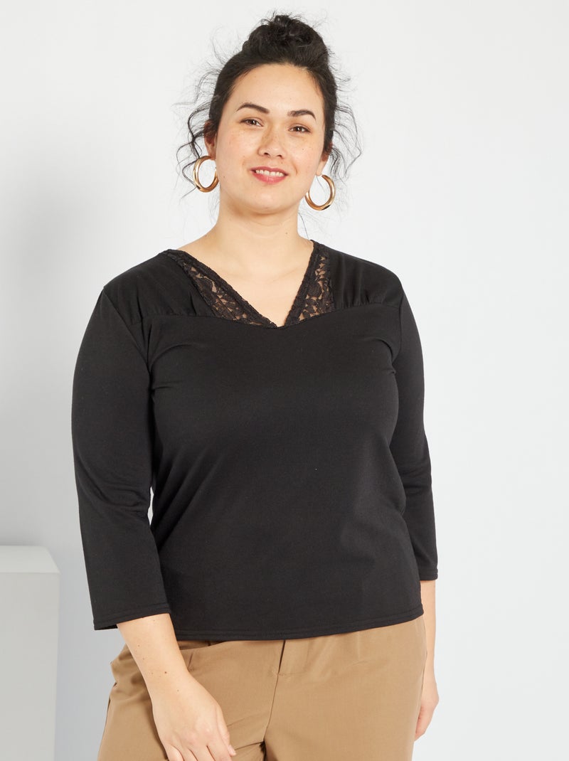 T-shirt avec col en dentelle noir - Kiabi