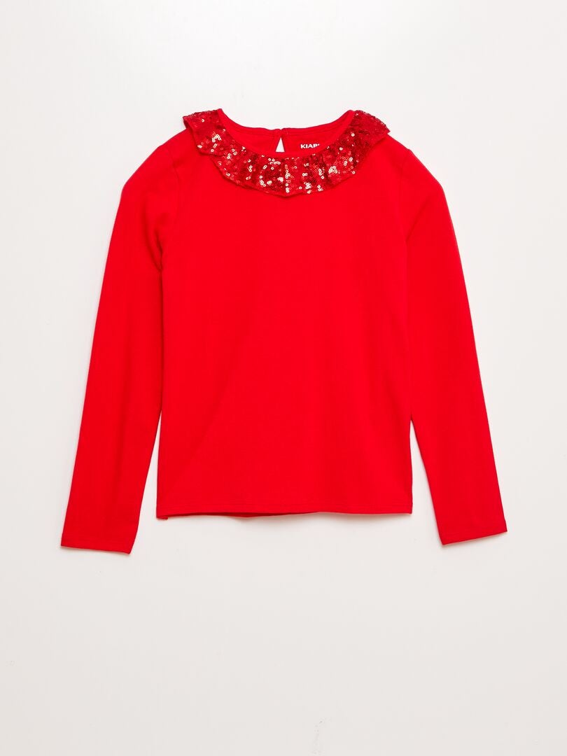 T-shirt avec col en tulle et à sequin Rouge - Kiabi