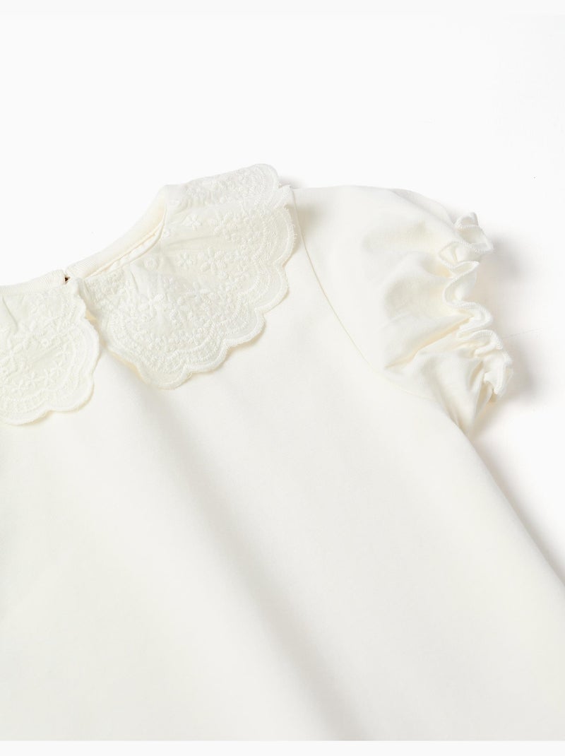 T-Shirt avec col festonné et brodé Beige clair - Kiabi