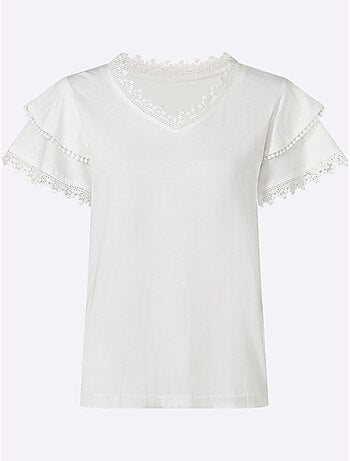 T-shirt à col V avec manches chauve-souris et dentelle - Taille standard - Moda Vilona