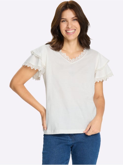 T-shirt avec col V et manches chauve-souris en dentelle - Taille standard - Moda Vilona - Kiabi
