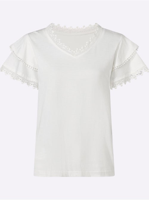 T-shirt avec col V et manches chauve-souris en dentelle - Taille standard - Moda Vilona - Kiabi