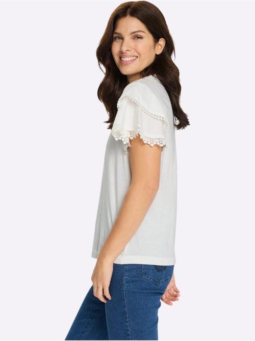 T-shirt avec col V et manches chauve-souris en dentelle - Taille standard - Moda Vilona - Kiabi