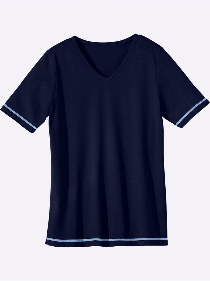 T-shirt avec col V et manches courtes à coutures décoratives - Taille standard - Moda Vilona Bleu marine - Kiabi