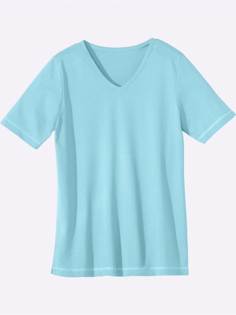 T-shirt avec col V et manches courtes à coutures décoratives - Taille standard - Moda Vilona Vert d'eau - Kiabi