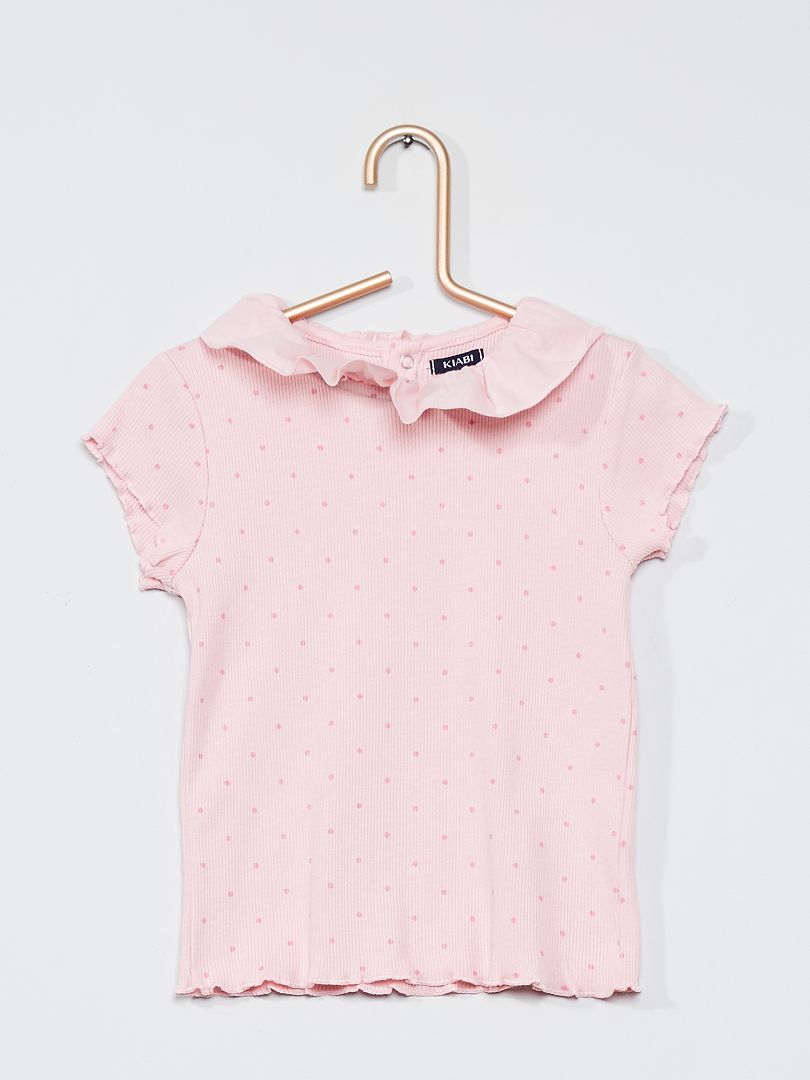 T-shirt avec collerette rose/pois - Kiabi
