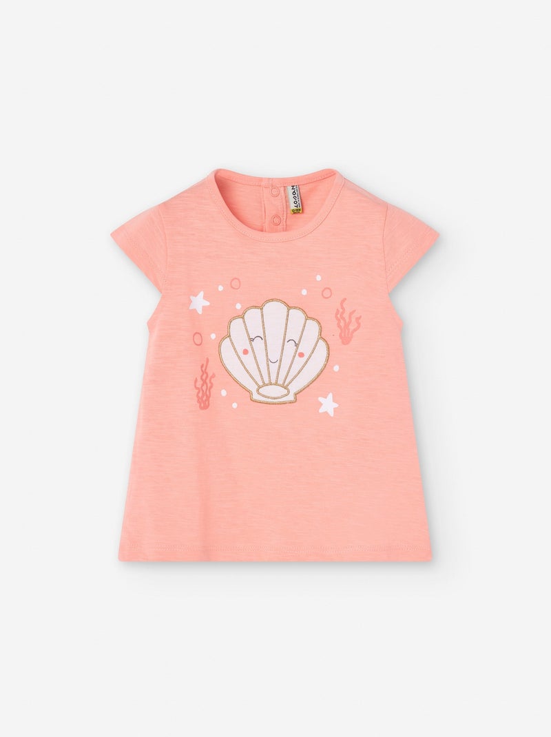 T-shirt avec Coquillage en Relief Corail/Turquoise/Crème - Kiabi