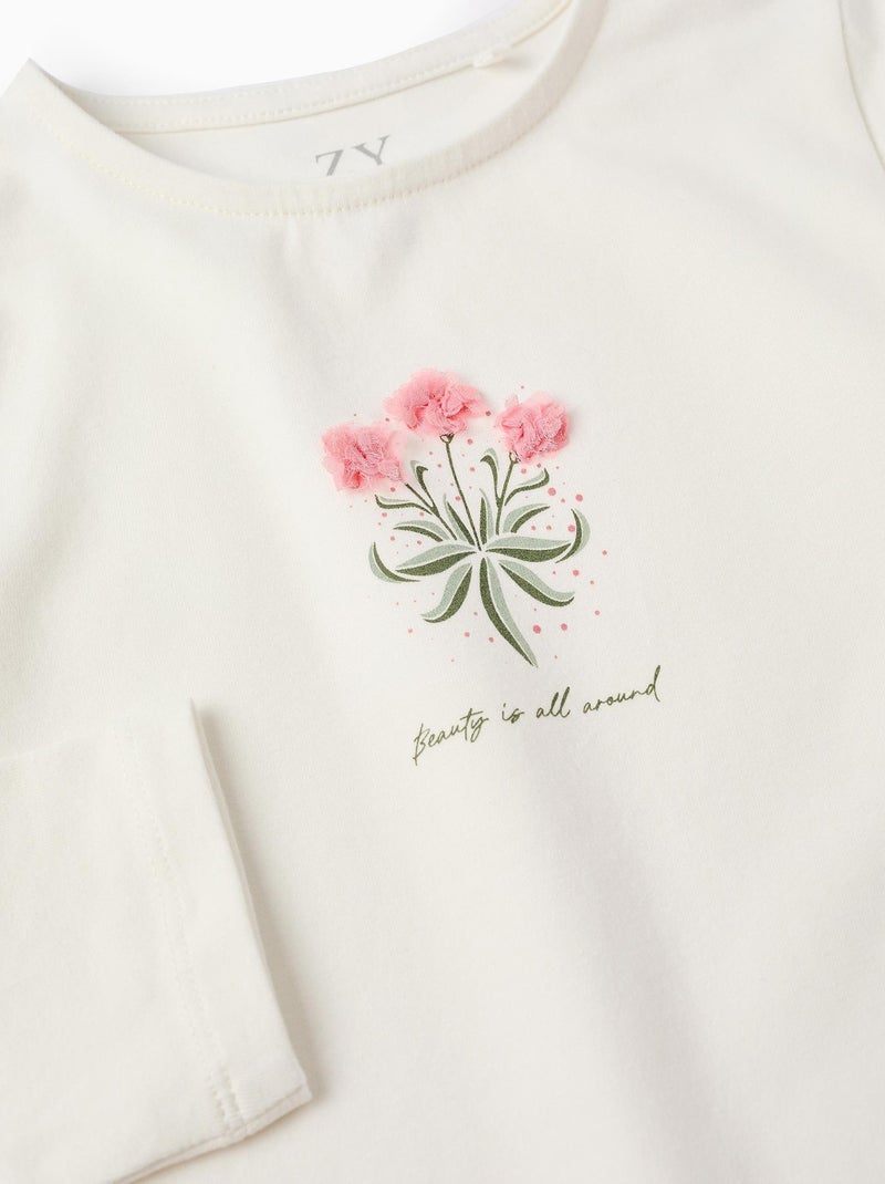 T-shirt avec des volants, avec des fleurs en 3D NOVEAUX NATURE Blanc - Kiabi