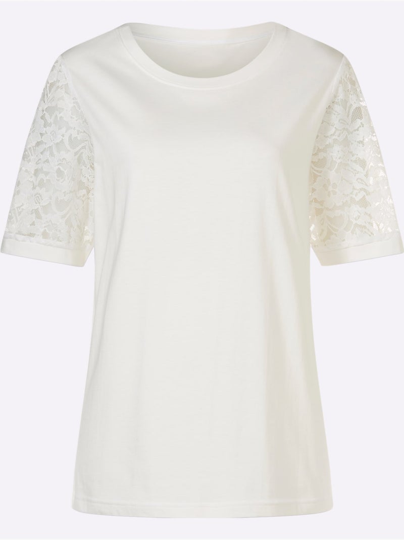 T-shirt avec manches courtes en dentelle florale et jersey - Taille standard - Moda Vilona Ecru - Kiabi